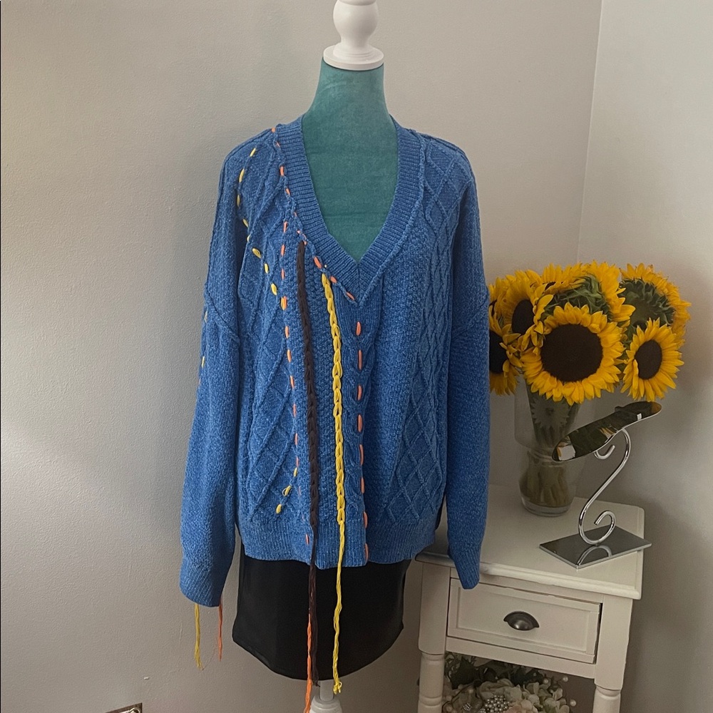 POL Blue V-Nexk Ribbon Weave Sweater